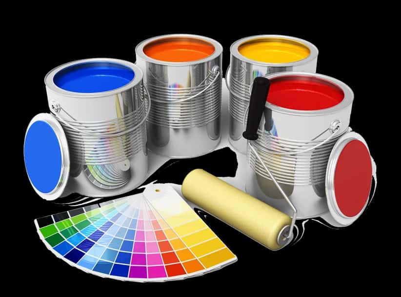 Open verfblikken in blauw, oranje, geel en rood met een uitgeklapte kleurenwaaier en een verfroller